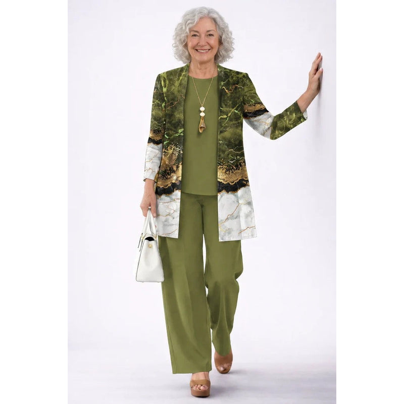 Women's Three-Piece Set with Printed Cardigan in Olive Green