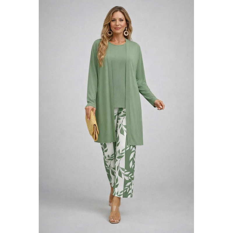 Women's Three-Piece Set with Printed Cardigan in Light Green