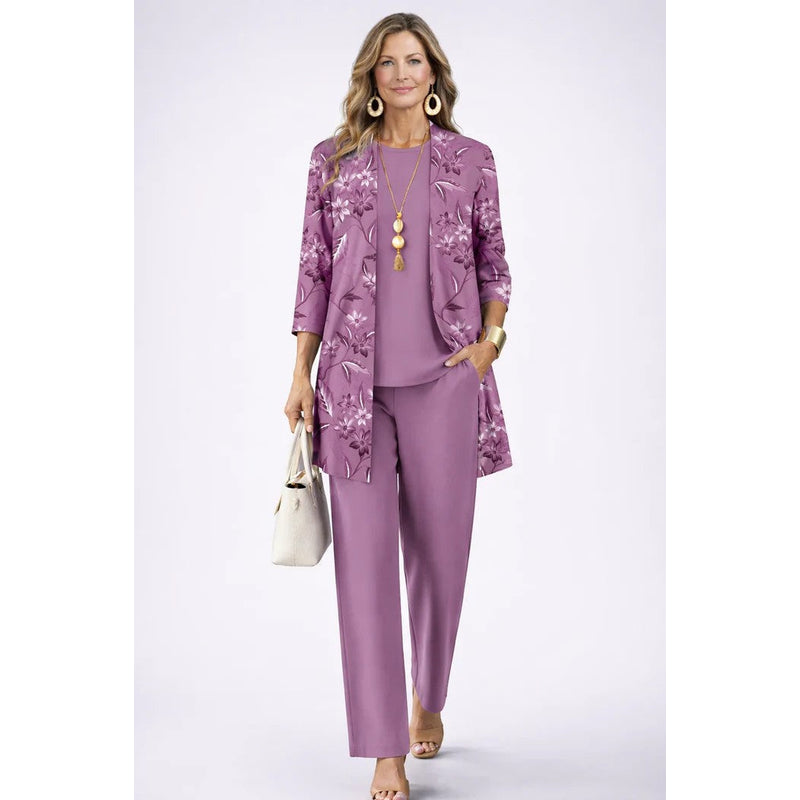 Women's Three-Piece Set with Printed Cardigan in Purple