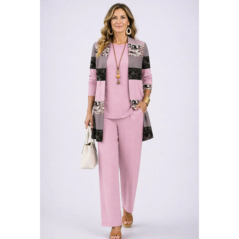 Women's Three-Piece Set with Printed Cardigan in Pink