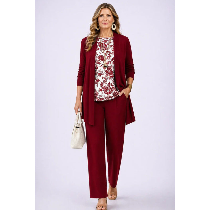 Women's Three-Piece Set with Printed Cardigan in White and Red