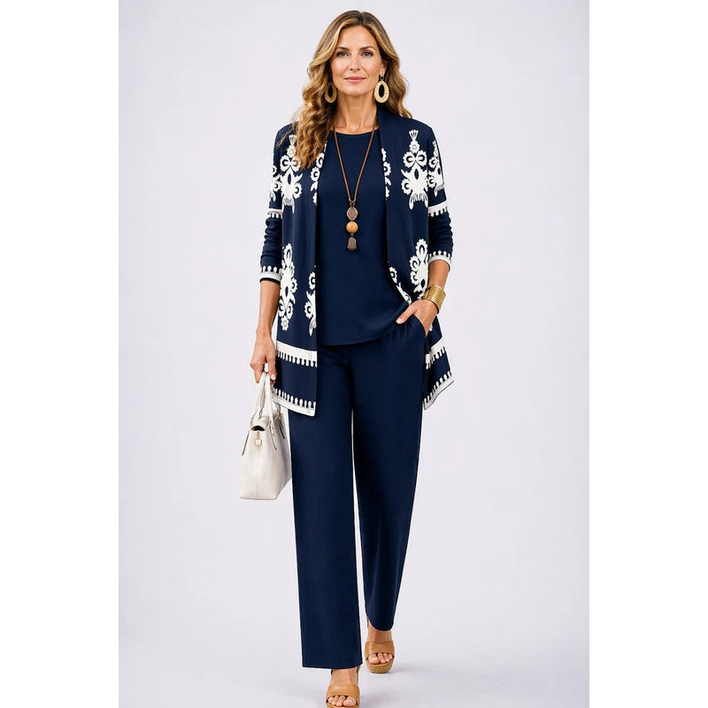Women's Three-Piece Set with Printed Cardigan in Dark Blue