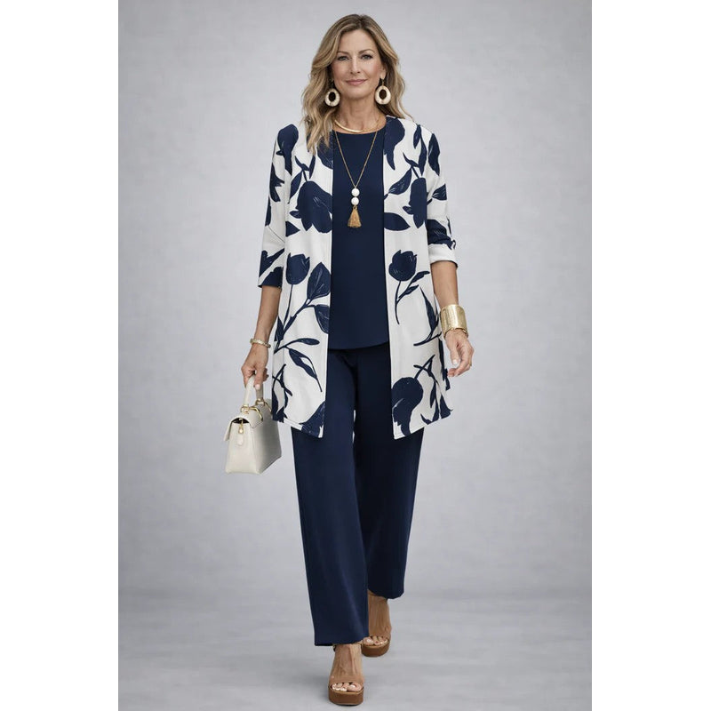 Women's Three-Piece Set with Printed Cardigan in Blue and White