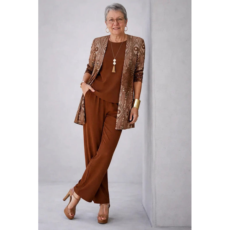 Women's Three-Piece Set with Printed Cardigan in Burgundy