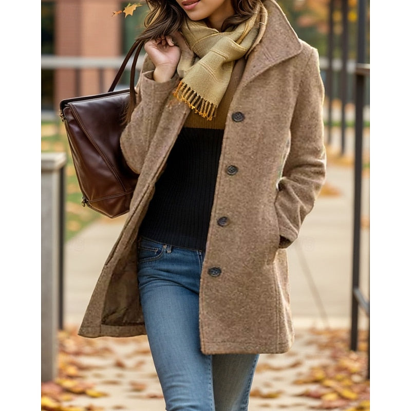 Women's Turndown Collar Coat with Button Front in Khaki