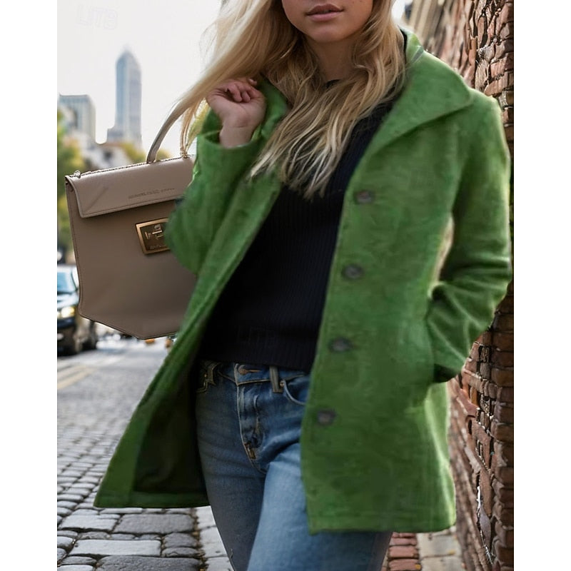 Women's Turndown Collar Coat with Button Front in Green