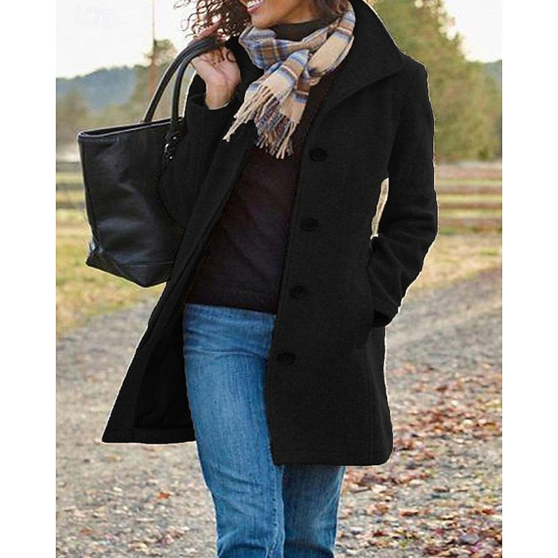 Women's Turndown Collar Coat with Button Front in Black