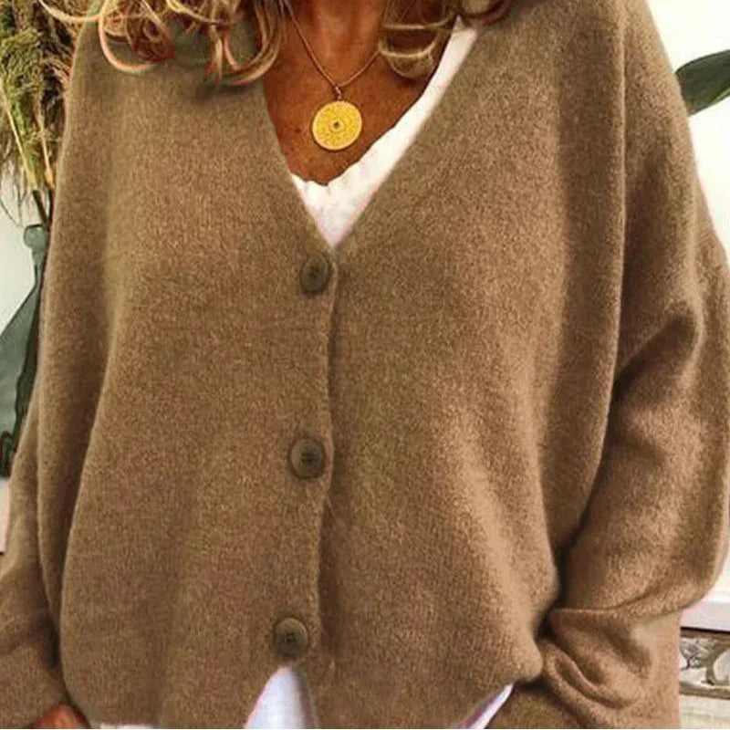 Women's V Neck Button Cardigan in Khaki