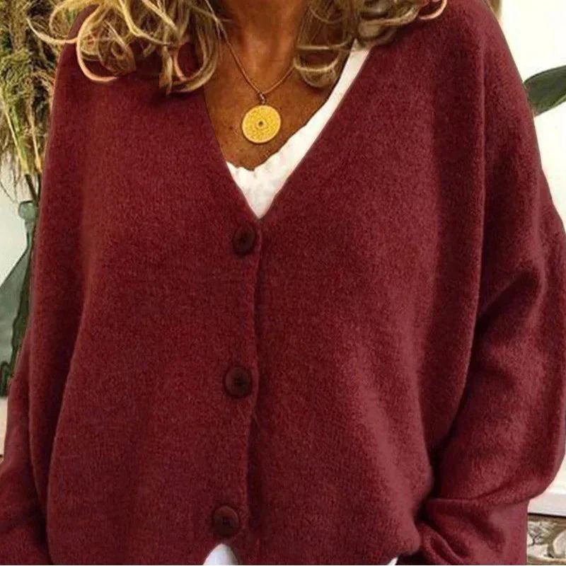 Women's V Neck Button Cardigan in Burgundy