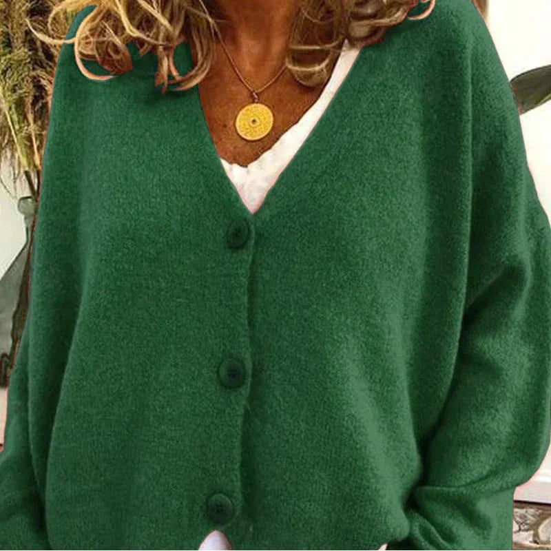 Women's V Neck Button Cardigan in Dark Green