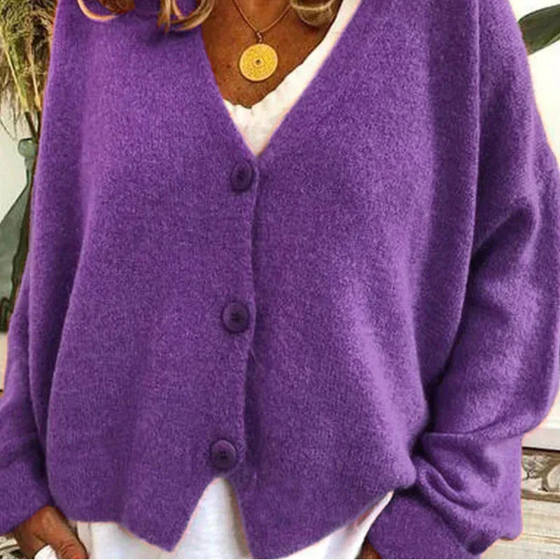 Women's V Neck Button Cardigan in Purple
