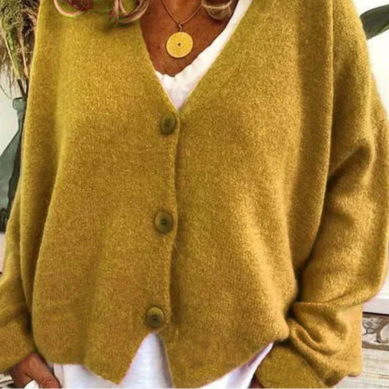 Women's V Neck Button Cardigan in Yellow