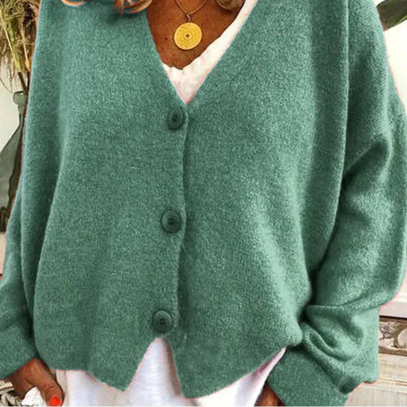 Women's V Neck Button Cardigan in Green