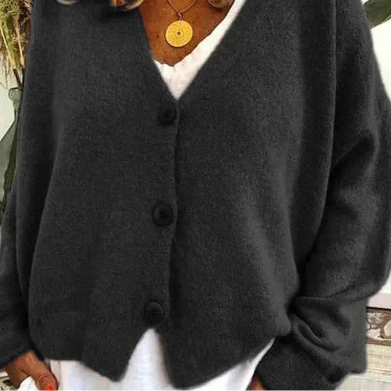 Women's V Neck Button Cardigan in Black