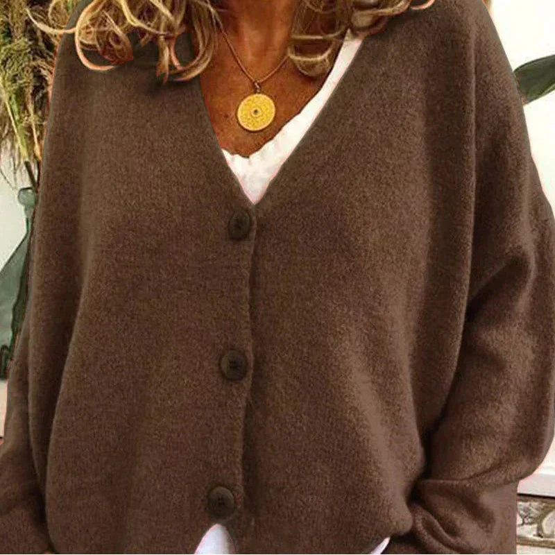 Women's V Neck Button Cardigan in Coffee
