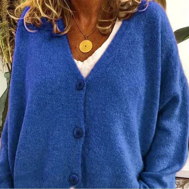 Women's V Neck Button Cardigan in Blue