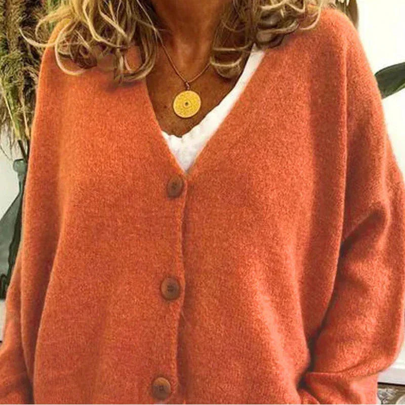 Women's V Neck Button Cardigan in Orange