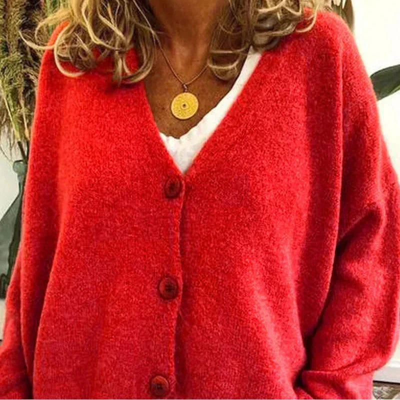 Women's V Neck Button Cardigan in Red
