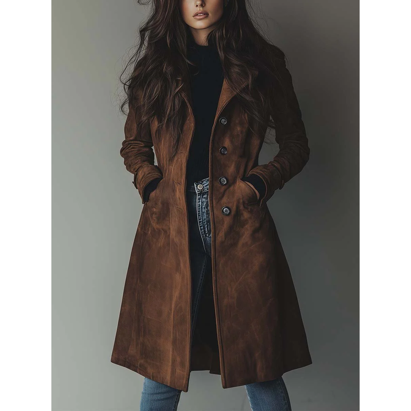 Women's Vintage Style Trench Coat with Lapel Collar in Brown