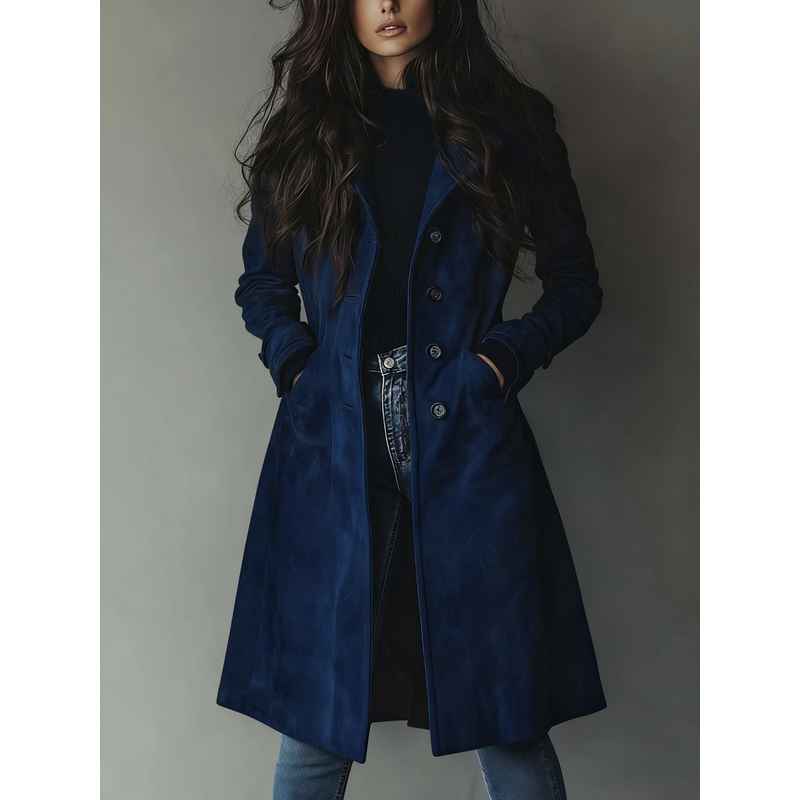 Women's Vintage Style Trench Coat with Lapel Collar in Dark Blue