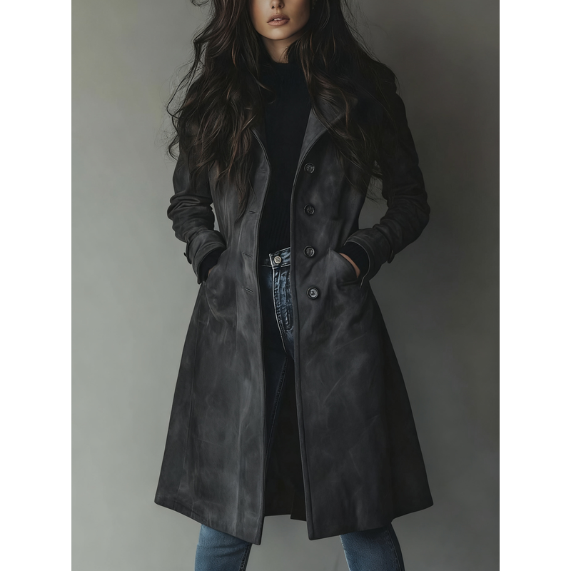 Women's Vintage Style Trench Coat with Lapel Collar in Dark Gray