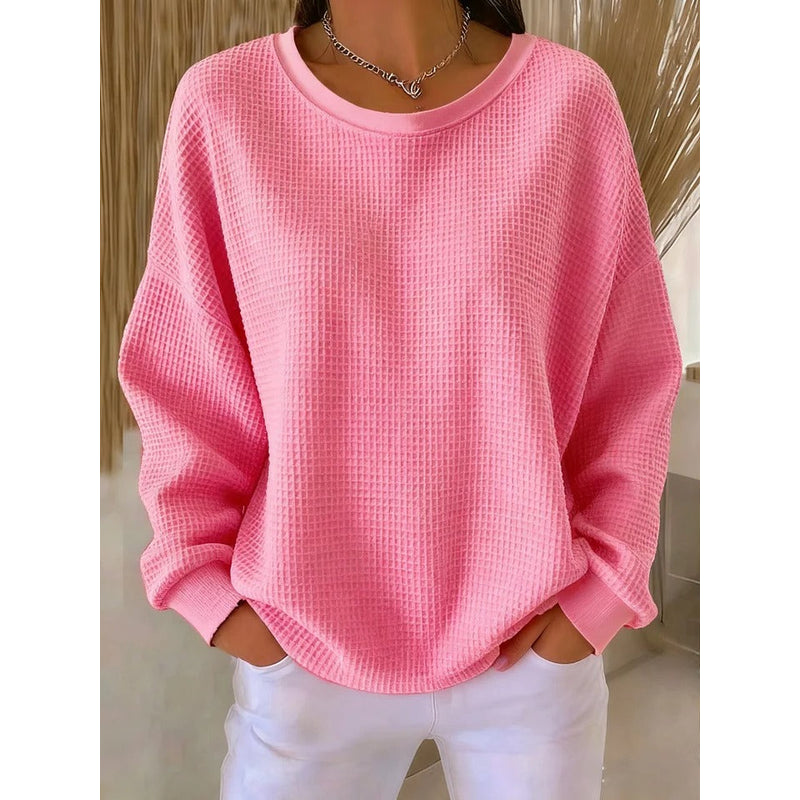 Women's Waffle Knit Crew Neck Sweater in Pink