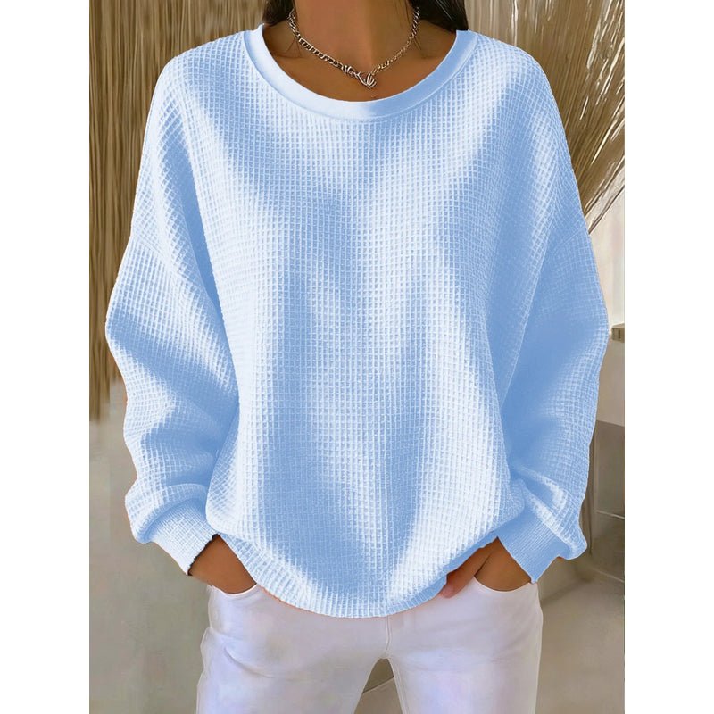 Women's Waffle Knit Crew Neck Sweater in Sky Blue