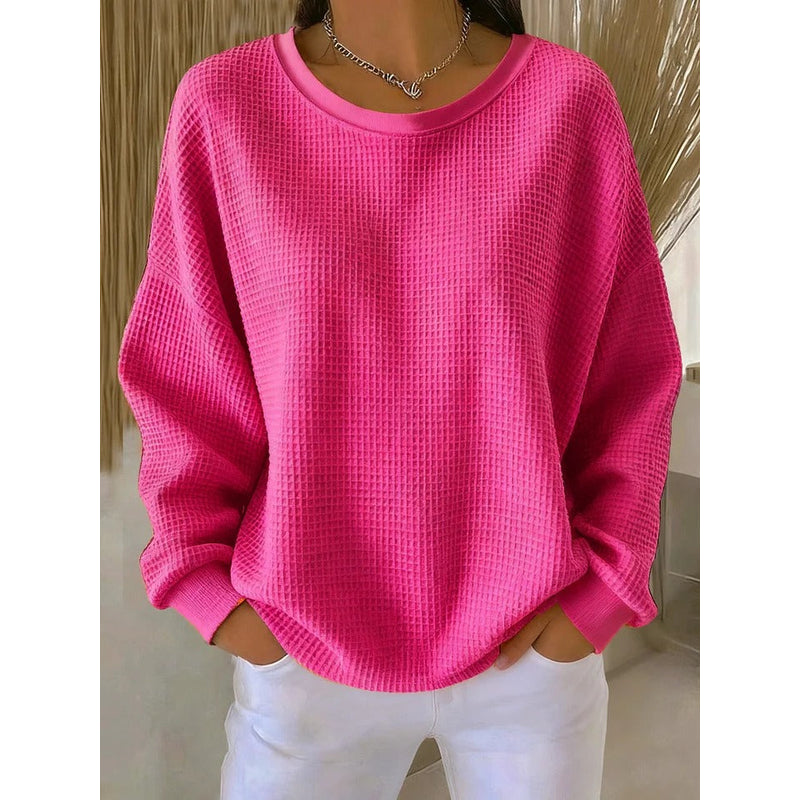 Women's Waffle Knit Crew Neck Sweater in Hot Pink