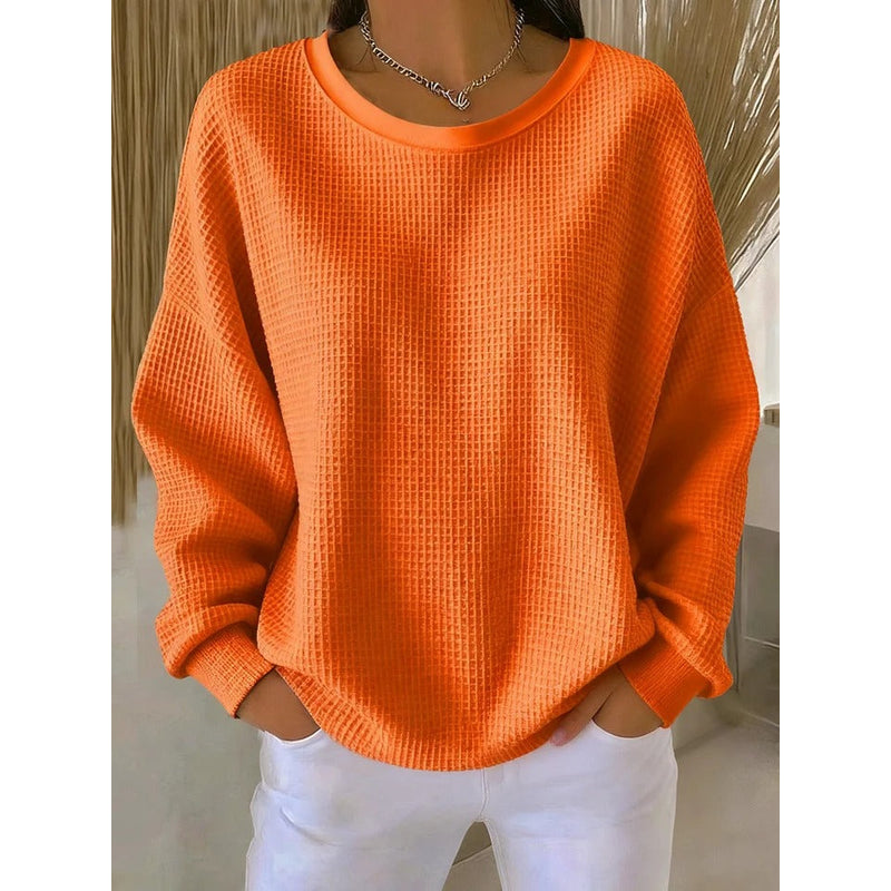 Women's Waffle Knit Crew Neck Sweater in Orange