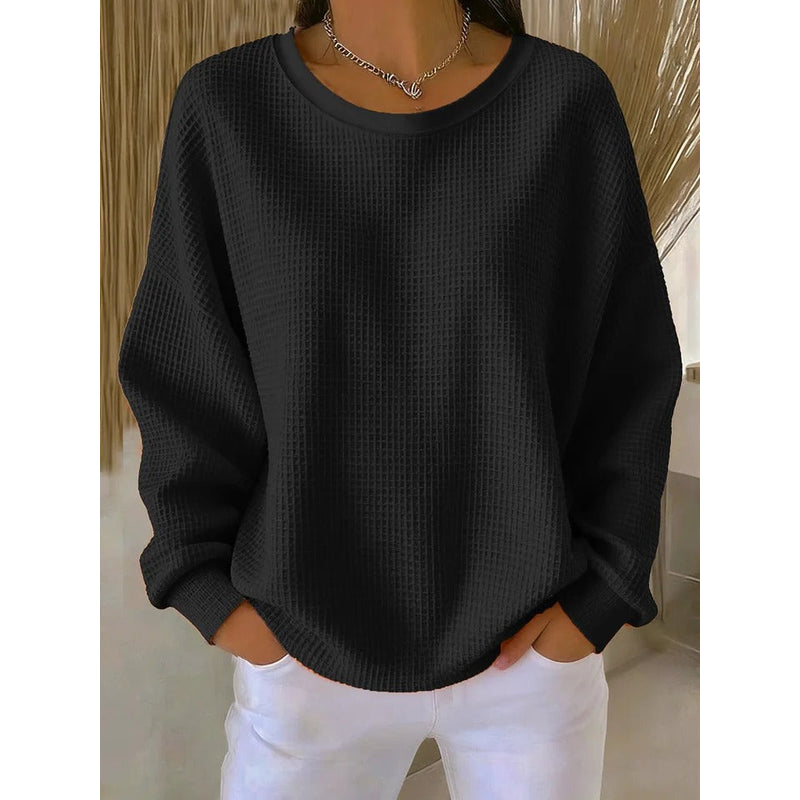 Women's Waffle Knit Crew Neck Sweater in Black