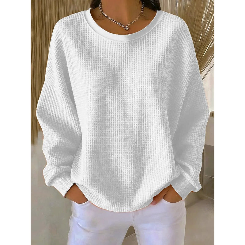 Women's Waffle Knit Crew Neck Sweater in White