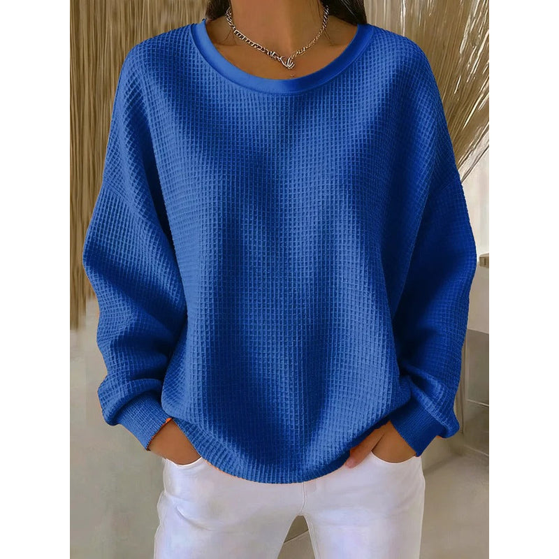 Women's Waffle Knit Crew Neck Sweater in Blue