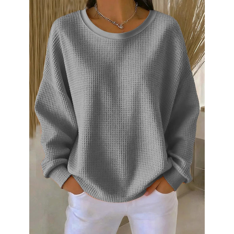Women's Waffle Knit Crew Neck Sweater in Gray