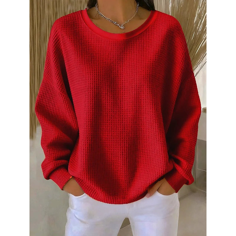 Women's Waffle Knit Crew Neck Sweater in Red