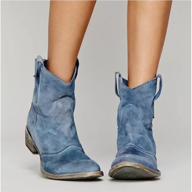 Blue women's western ankle boots with low heel