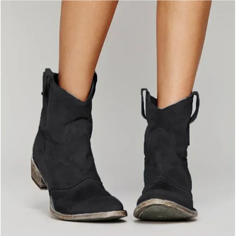 Black women's western ankle boots with stitching