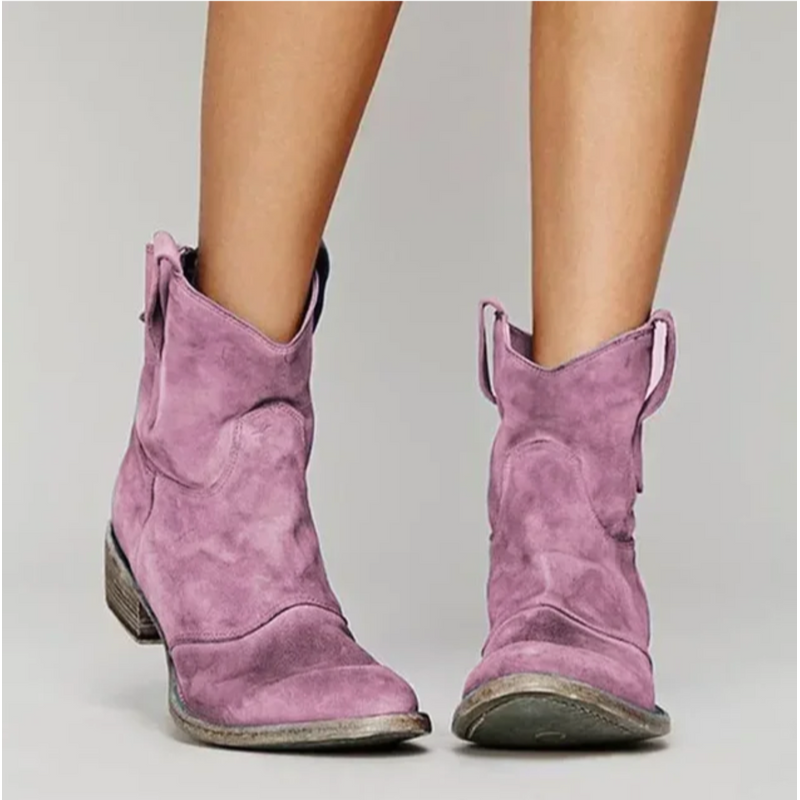 Pink women's western ankle boots with low heel